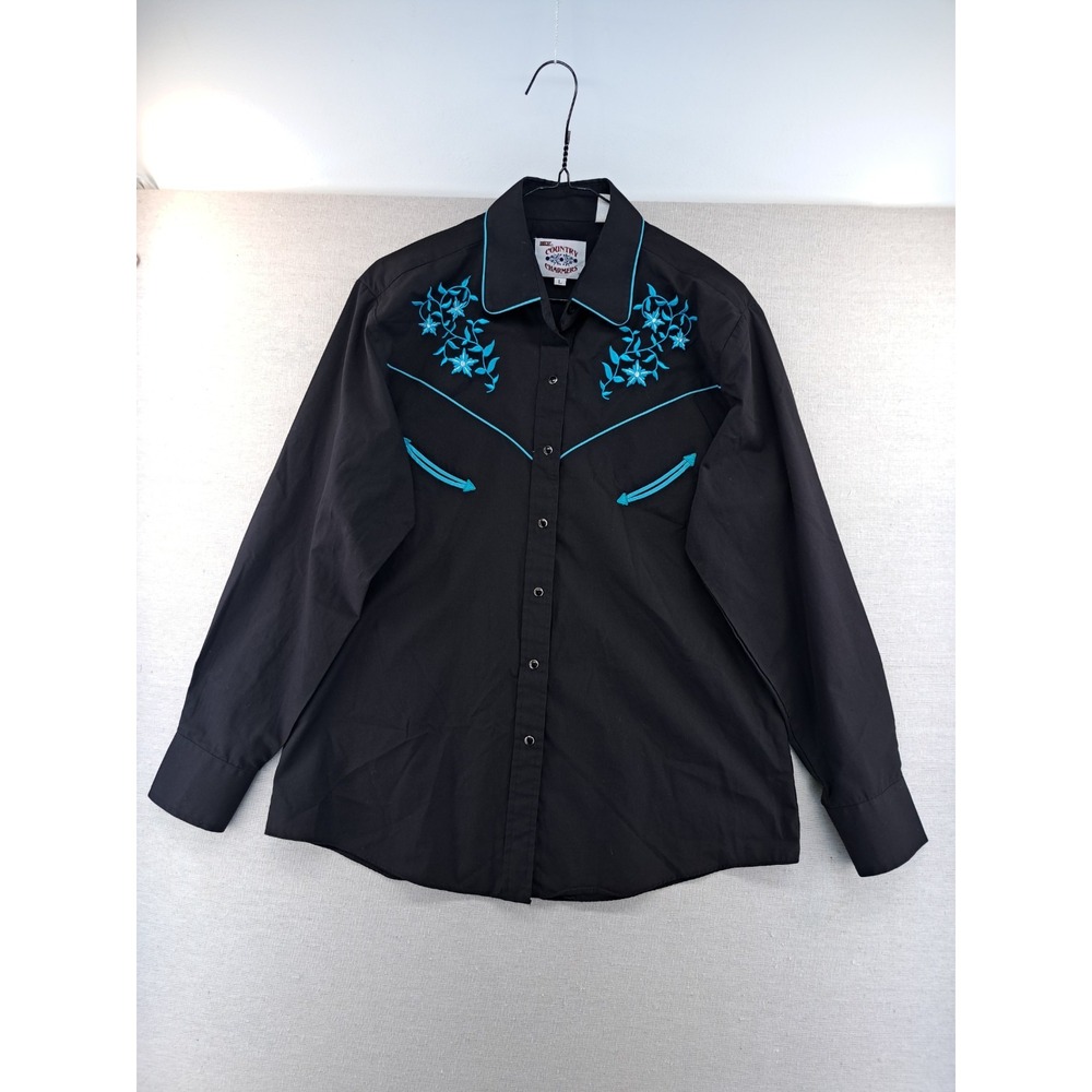 Vtg Ely Country Charmers Womens Large Black Pearl Snap Cowboy Shirt Embroidered